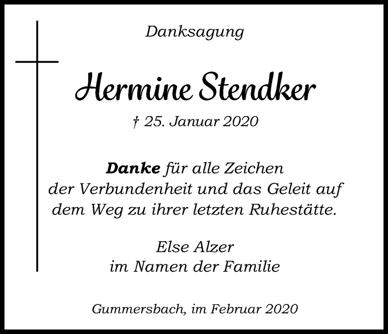  Traueranzeige für Hermine Stendker vom 29.02.2020 aus Kölner Stadt-Anzeiger / Kölnische Rundschau / Express