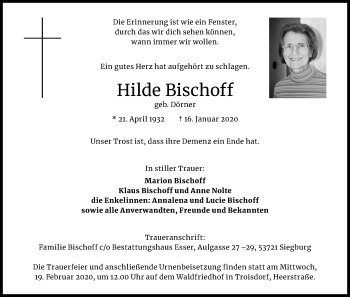 Anzeige von Hilde Bischoff von Kölner Stadt-Anzeiger / Kölnische Rundschau / Express