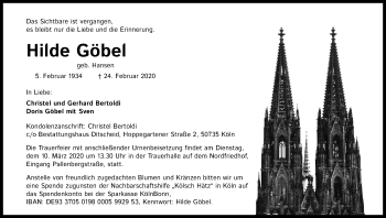 Anzeige von Hilde Göbel von Kölner Stadt-Anzeiger / Kölnische Rundschau / Express