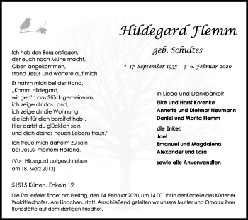 Anzeige von Hildegard Flemm von Kölner Stadt-Anzeiger / Kölnische Rundschau / Express