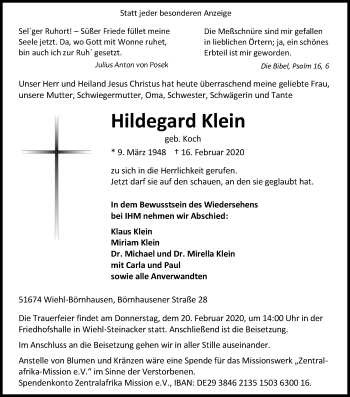 Anzeige von Hildegard Klein von Kölner Stadt-Anzeiger / Kölnische Rundschau / Express