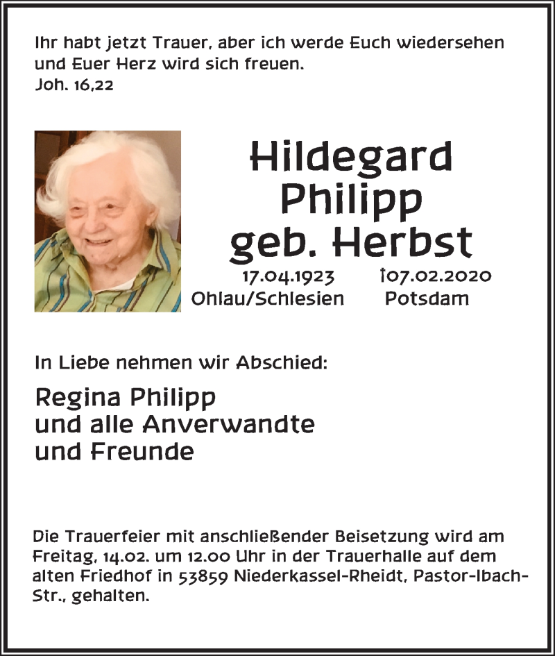  Traueranzeige für Hildegard Philipp vom 12.02.2020 aus Kölner Stadt-Anzeiger / Kölnische Rundschau / Express