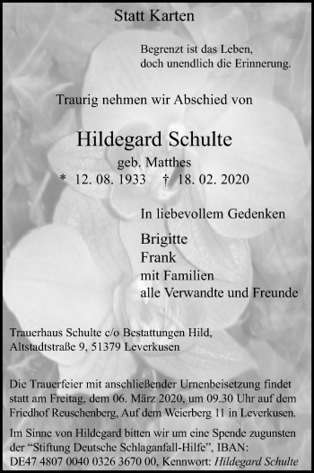 Anzeige von Hildegard Schulte von Kölner Stadt-Anzeiger / Kölnische Rundschau / Express