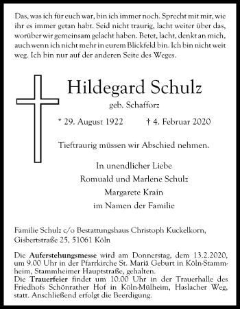 Anzeige von Hildegard Schulz von Kölner Stadt-Anzeiger / Kölnische Rundschau / Express