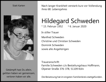 Anzeige von Hildegard Schweden von Kölner Stadt-Anzeiger / Kölnische Rundschau / Express