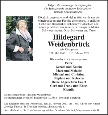 Anzeige von Hildegard Weidenbrück von Kölner Stadt-Anzeiger / Kölnische Rundschau / Express