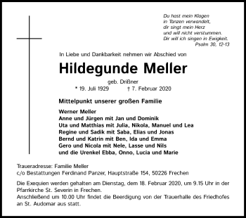 Anzeige von Hildegunde Meller von Kölner Stadt-Anzeiger / Kölnische Rundschau / Express