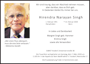 Anzeige von Hirendra Narayan Singh von Kölner Stadt-Anzeiger / Kölnische Rundschau / Express