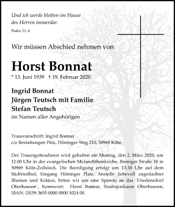 Anzeige von Horst Bonnat von Kölner Stadt-Anzeiger / Kölnische Rundschau / Express