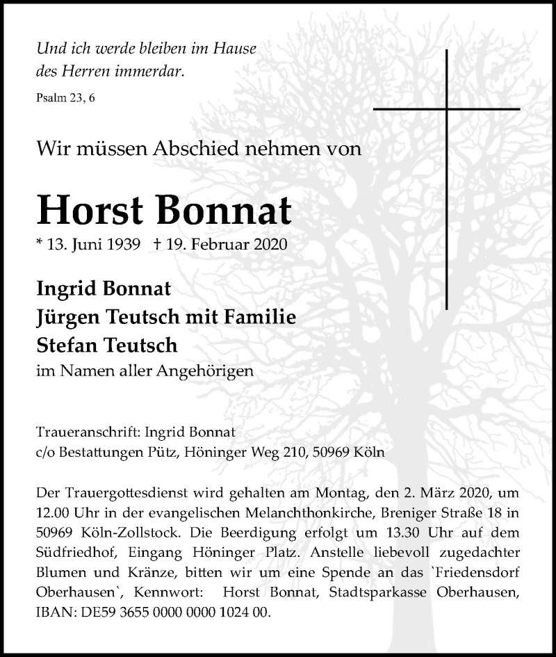  Traueranzeige für Horst Bonnat vom 29.02.2020 aus Kölner Stadt-Anzeiger / Kölnische Rundschau / Express