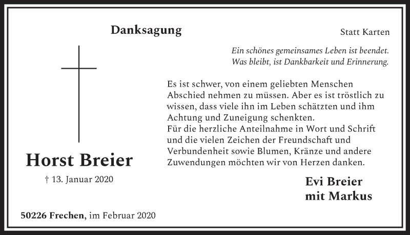  Traueranzeige für Horst Breier vom 15.02.2020 aus  Sonntags-Post 