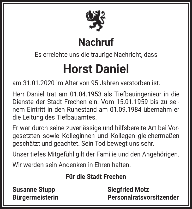  Traueranzeige für Horst Daniel vom 15.02.2020 aus  Sonntags-Post 
