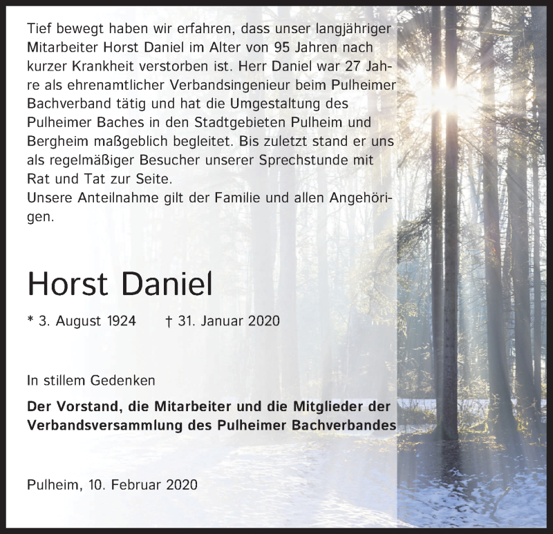  Traueranzeige für Horst Daniel vom 15.02.2020 aus Kölner Stadt-Anzeiger / Kölnische Rundschau / Express