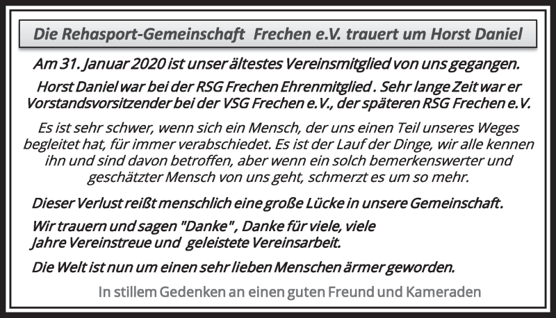  Traueranzeige für Horst Daniel vom 08.02.2020 aus  Sonntags-Post 