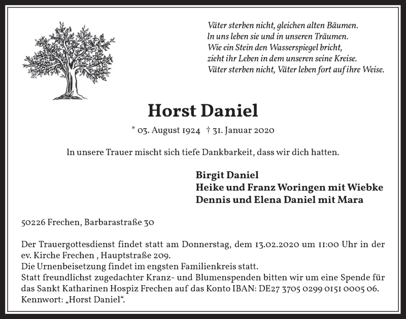  Traueranzeige für Horst Daniel vom 05.02.2020 aus  Wochenende 