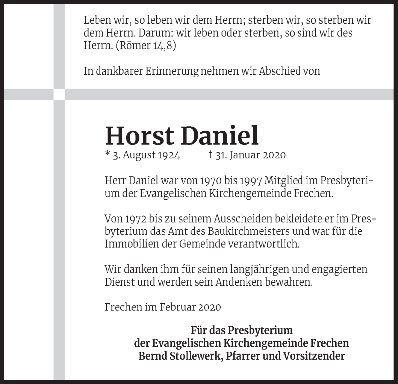  Traueranzeige für Horst Daniel vom 15.02.2020 aus Kölner Stadt-Anzeiger / Kölnische Rundschau / Express