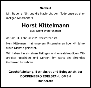 Anzeige von Horst Kittelmann von Kölner Stadt-Anzeiger / Kölnische Rundschau / Express