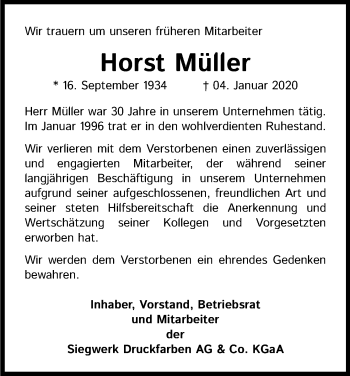 Anzeige von Horst Müller von Kölner Stadt-Anzeiger / Kölnische Rundschau / Express