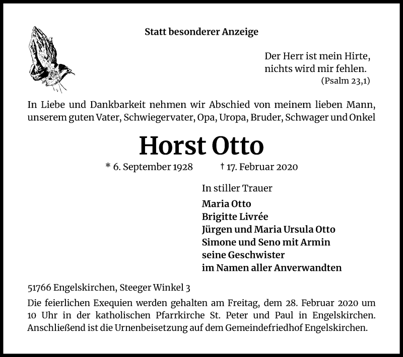  Traueranzeige für Horst Otto vom 21.02.2020 aus Kölner Stadt-Anzeiger / Kölnische Rundschau / Express