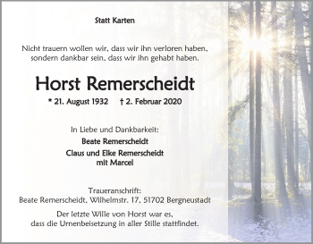 Anzeige von Horst Remerscheidt von Kölner Stadt-Anzeiger / Kölnische Rundschau / Express