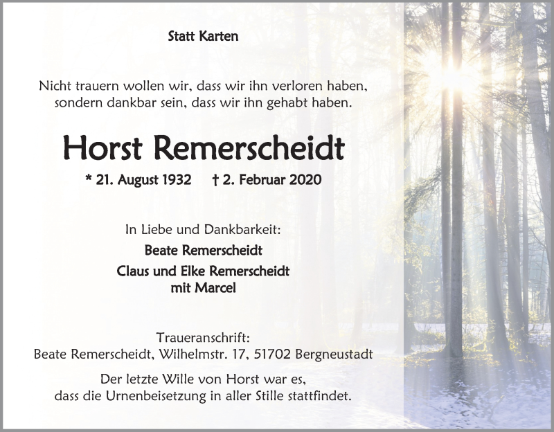 Traueranzeige für Horst Remerscheidt vom 15.02.2020 aus Kölner Stadt-Anzeiger / Kölnische Rundschau / Express