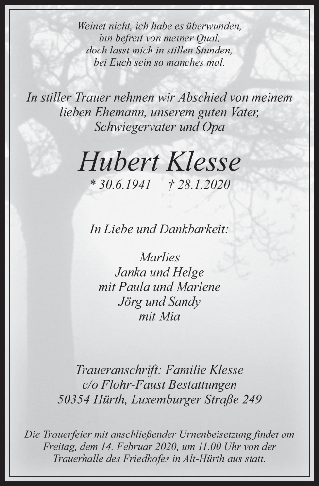  Traueranzeige für Hubert Klesse vom 05.02.2020 aus  Wochenende 