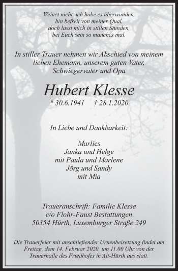 Anzeige von Hubert Klesse von  Wochenende 