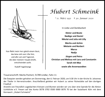 Anzeige von Hubert Schmeink von Kölner Stadt-Anzeiger / Kölnische Rundschau / Express
