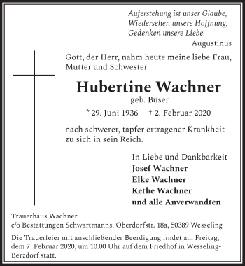 Anzeige von Hubertine Wachner von  Schlossbote/Werbekurier 
