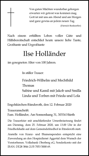 Anzeige von Ilse Holländer von  Anzeigen Echo 