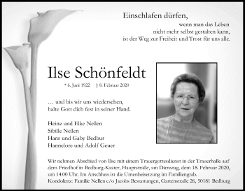 Anzeige von Ilse Schönfeldt von Kölner Stadt-Anzeiger / Kölnische Rundschau / Express