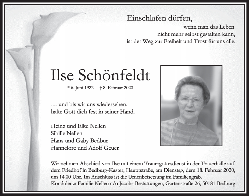  Traueranzeige für Ilse Schönfeldt vom 15.02.2020 aus  Sonntags-Post 