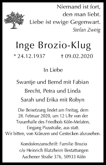 Anzeige von Inge Brozio-Klug von Kölner Stadt-Anzeiger / Kölnische Rundschau / Express
