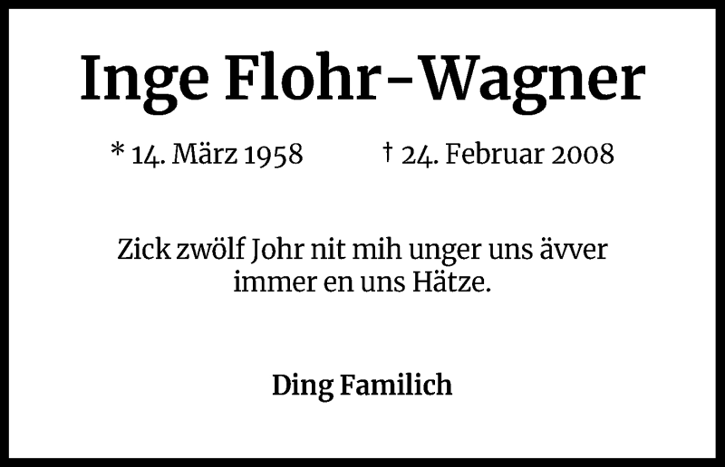  Traueranzeige für Inge Flohr-Wagner vom 24.02.2020 aus Kölner Stadt-Anzeiger / Kölnische Rundschau / Express