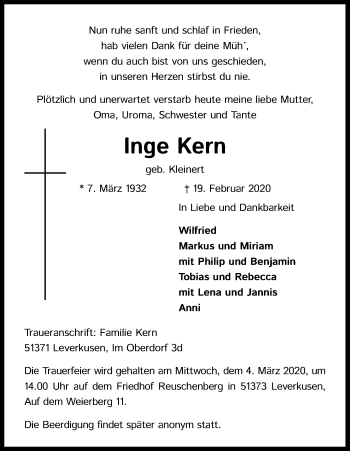 Anzeige von Inge Kern von Kölner Stadt-Anzeiger / Kölnische Rundschau / Express