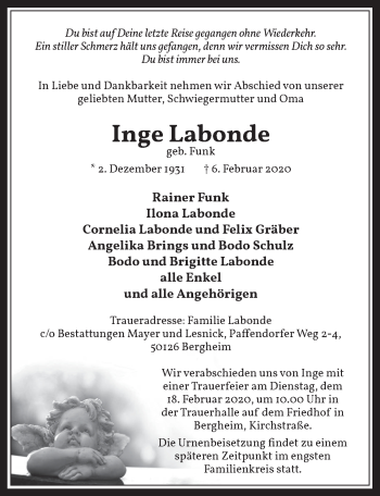 Anzeige von Inge Labonde von  Werbepost 