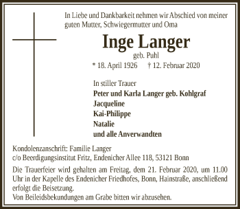 Anzeige von Inge Langer von  Schaufenster/Blickpunkt 