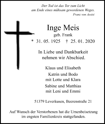 Anzeige von Inge Meis von Kölner Stadt-Anzeiger / Kölnische Rundschau / Express