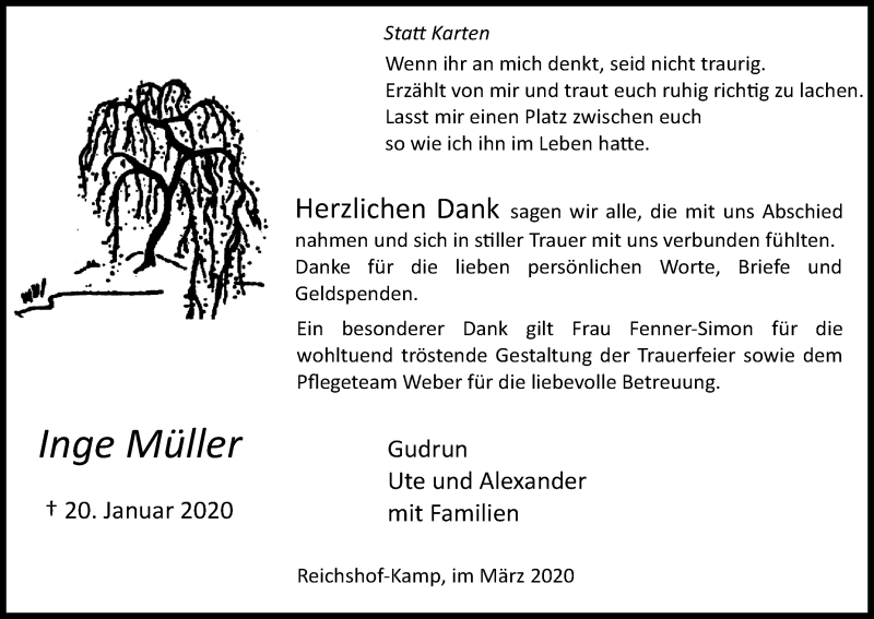  Traueranzeige für Inge Müller vom 29.02.2020 aus Kölner Stadt-Anzeiger / Kölnische Rundschau / Express