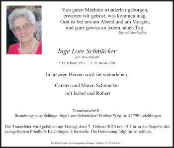 Anzeige von Inge Lore Schmücker von Kölner Stadt-Anzeiger / Kölnische Rundschau / Express