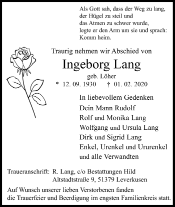 Anzeige von Ingeborg Lang von Kölner Stadt-Anzeiger / Kölnische Rundschau / Express
