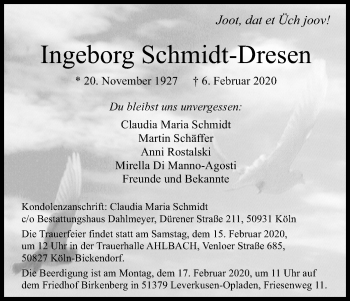 Anzeige von Ingeborg Schmidt-Dresen von Kölner Stadt-Anzeiger / Kölnische Rundschau / Express