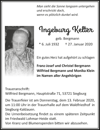 Anzeige von Ingeburg Kelter von  Extra Blatt 