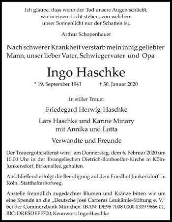 Anzeige von Ingo Haschke von Kölner Stadt-Anzeiger / Kölnische Rundschau / Express