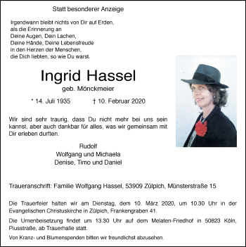 Anzeige von Ingrid Hassel von  Blickpunkt Euskirchen 