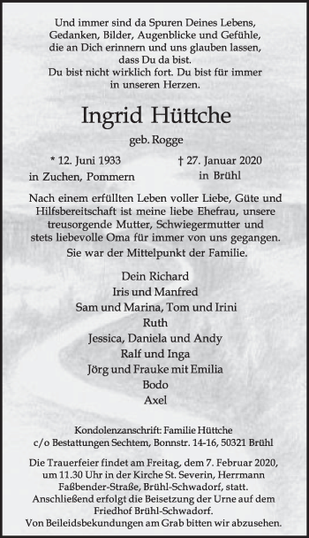 Anzeige von Ingrid Hüttche von  Schlossbote/Werbekurier 