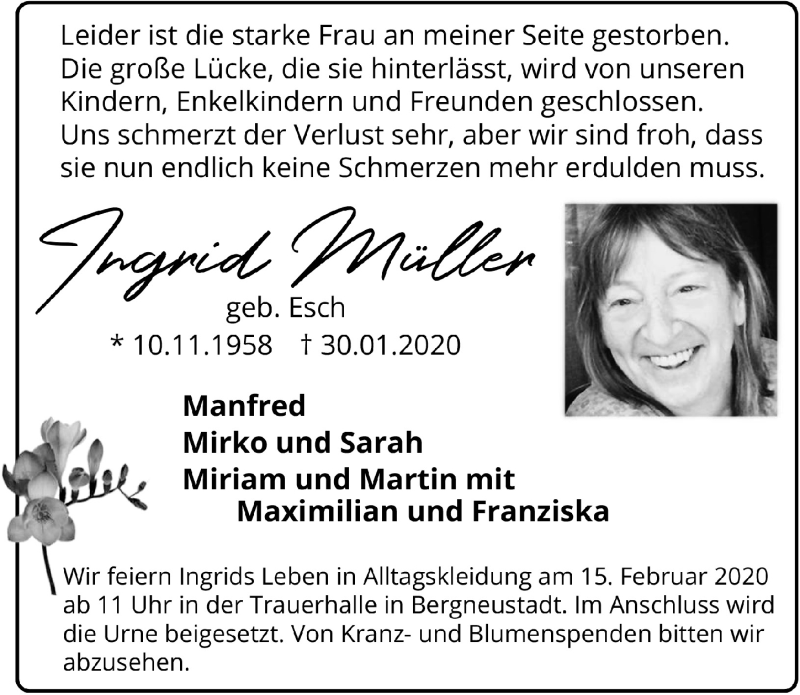  Traueranzeige für Ingrid Müller vom 12.02.2020 aus  Anzeigen Echo 