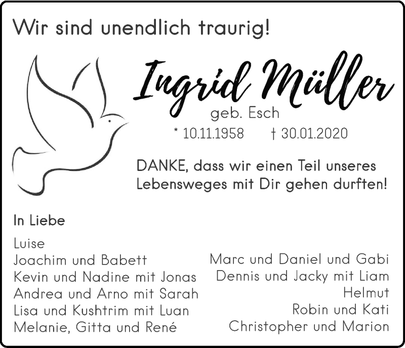  Traueranzeige für Ingrid Müller vom 14.02.2020 aus Kölner Stadt-Anzeiger / Kölnische Rundschau / Express