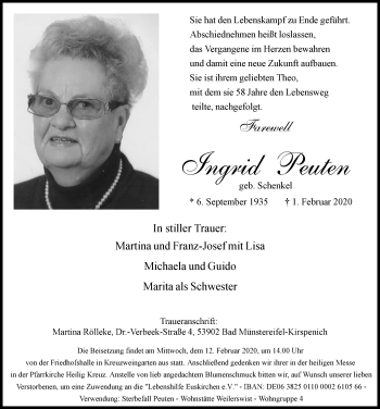 Anzeige von Ingrid Peuten von  Blickpunkt Euskirchen 