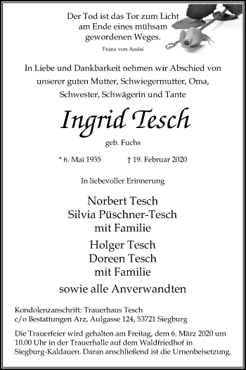 Anzeige von Ingrid Tesch von Kölner Stadt-Anzeiger / Kölnische Rundschau / Express